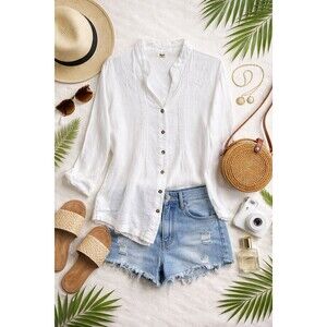 Symple NYC 100% Linen White Embroidered Blouse – Seashell Button Detail LG/XLG??